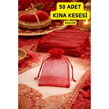 50 Adet Kına Kesesi Kırmızı Tüllü Simli Kına Gecesi, Düğün, Nişan Hediyelik 9x12 Cm