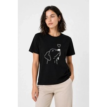 Defymoda Köpek Figürlü Minimal Baskılı Tişört Kısa Kol Yazlık T-shirt - Siyah