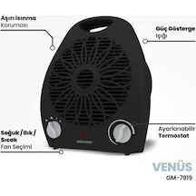 Goldmaster Venüs GM7919S 2000W Isıya Dayanıklı Sıcak Ilık Soğuk Devrilme Emniyetli Isıtıcı Fan Siyah