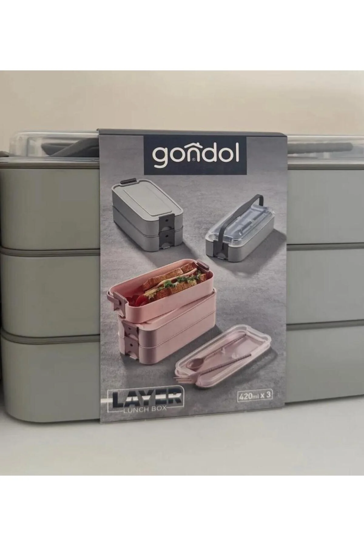 Gondol Layer Lunch Box Kilitli Kat Kat Beslenme Kutusu Çatal Kaşıklı Gri
