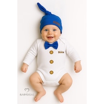 Babyden's Mini Boss Papyonlu Erkek Bebek Body Seti Şapkalı Yenidoğan Bebek Body-zıbın Takım Saks Mavi