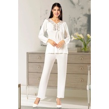 Faal 8611 Kadın Uzun Kollu Dantel Detaylı Pijama Takımı-ekru Ekru