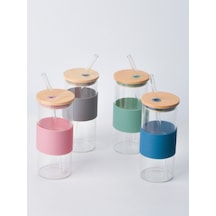 Bambu Kapaklı Cam Pipetli Kupa 400 Ml 1 Adet Gri
