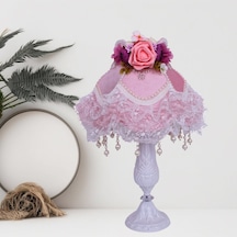 Pembe Kadife Çiçek Dekorlu Abajur Metal Beyaz Ayak Ab1016 Diğer