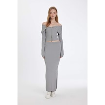 DeFacto Slim Fit Dar Kesim Esnek Belli Basic Düz Yırtmaçlı Maxi Triko Etek D5390AX24AUGR90 Gri