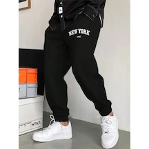 New York 199x Eşofman Altı Jogger - Siyah Baskılı Lastik Paça Yüksek Bel Siyah