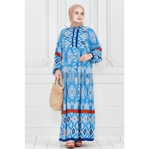 Yarım Düğmeli Robalı İkat Desen Elbise-mavi-4006 - Mavi