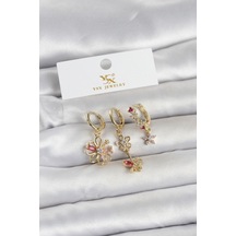 Pirinç Gold Renk Çiçek Model 3'lü Kadın Küpe Tj-bkp11713 Tdrtr