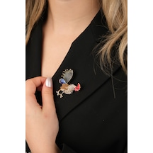 Çildan Womens Taşlı Horoz Figür Broş Beyaz - Altın