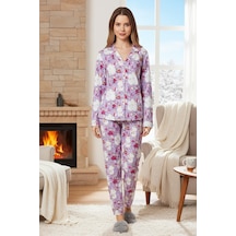 Remsa Kadın Desenli Önü Düğmeli Suprem Pijama Takımı 0399 Mor02 Mor02