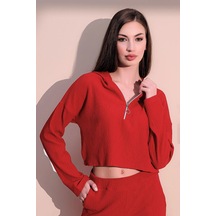 Kadın Kırmızı Uzun Kol Fermuarlı Kapüşonlu Kendinden Desenli Crop Sweatshirt Bluz Kırmızı