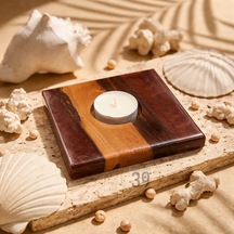 Classic Ceviz & Epoksi Mumluk El Yapımı Tealight Mumluk 12x12 Cm Tasarım Dekoratif Mumluk Bakır