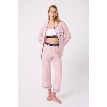 Lespadon Marısılk Seastrıpe Premium Dokuma Uzun Kollu Crop Pantolonlu Kadın Pijama & Lounge Takımı-3202 Altın