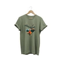 Doğa Avcılık Geyik Ve Avcı Tema Baskılı %100 Pamuk Haki T-shirt Haki