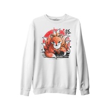 Japon - Kitsune Ay Beyaz Erkek Kalın Sweatshirt