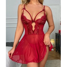Kadın Şarap Rengi Dantelli Transparan Mini Gecelik/babydoll-1023 Bordo