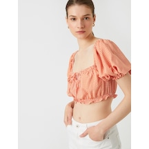 Koton Crop Bluz Kare Yaka Balon Kollu Turuncu Ekose 2sak60189ew Turuncu