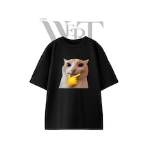 Thewert Thinking Cat Tasarım Baskılı Ünisex Siyah Oversize T-shirt