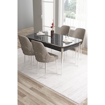 Canisa Tia Serisi 80x132 Açılabilir Mdf Siyah Mermer Desen Krom Detay Masa Takımı Ve 4 Cappucino Sandalye Masa Siyah Mermer Desen Sandalye Cappucino