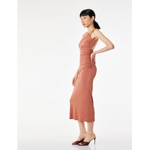 Koton Metal Aksesuarlı Kayık Yaka Kolsuz Slim Fit Drapeli Midi Abiye Elbise Kahverengi 6sak80104fk Kahve