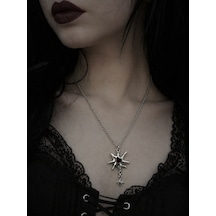 Gotik Güneş Form Kırmızı Detaylı Unisex Kolye 60 Cm Metal Zincir Çok renkli