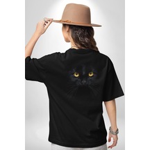 Siyah Kedi Pamuklu Unisex Oversize Sırt Dijital Baskılı Siyah T-shirt Siyah