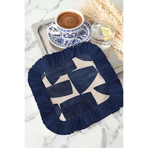 Geometrik Lüks Saçaklı Sunum Peçetesi - Soyut Modern Lacivert Krem Desenli Kahve Sunum Mendili Canlı Toprak Taş