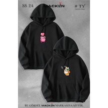 Macklin Sevgili Çift Kombini Kirby Ve Waddle De Baskılı Özel Tasarım Kapüşonlu Sweatshirt 2li Set Takım Siyah Mck0731 Siyah