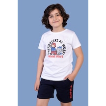 Toontoy Kids Toontoy Erkek Çocuk 2'li Takım Baskılı Bisiklet Yaka Tişört & Beli Lastikli Cepli Şort Beyaz