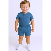 Erkek Bebek Şortlu Takım Bisiklet Yaka Düğmeli Düz Renk mavi