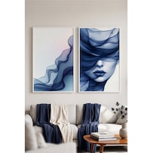 Beyaz Ahşap Çerçeveli Mavi Soyut Kadın Portre Modern Duvar Tablosu 2 Li Set Beyaz