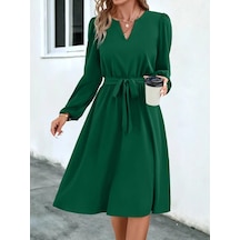 Kadın Uzun Kollu V Yakalı Belden Kuşaklı Kiloş Krep Elbise Yeşil