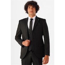 Süvari Siyah Slim Fit Armürlü Sivri Yaka 6 Drop Yelekli Klasik Takım Elbise