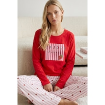 Siyah İnci Pamuklu Likralı Örme Pijama Takım 26240312 Kırmızı