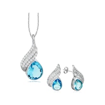 Brezza Lusso Jewelry Deniz Mavisi Damla Model Kanatlı Kadın Kolye Küpe Seti