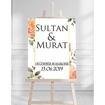 Söz Nişan Düğün İçin 50x70 Karşılama Panosu - Siyah Gül Çiçek Desenli Beyaz