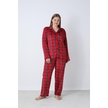 Battal Estiva Kareli Önden Düğmeli Kadife Bayan Pijama Takım Bordo