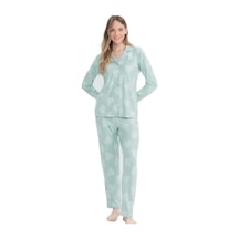 U.S. Polo Assn. Kadın, Lisanslı, Uspa, Önden Düğmeli, Pijama Takım, Ev Giyim Yeşil