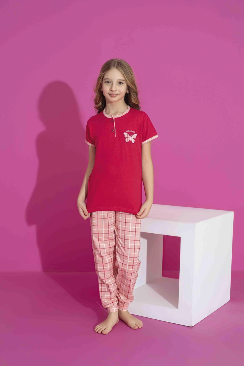 Kız Çocuk Kelebek Desenli Pijama Takımı Pamuklu Yazlık Model 2969 Kırmızı