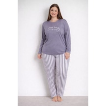 Pemilo Kadın 20155 Büyük Beden Uzun Kol Milan Pijama Takımı Füme