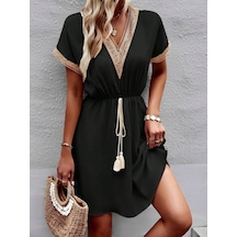 Kadın Kısa Kollu V Yakalı Belinde Bağcıklı Viskon Elbise Siyah