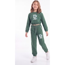 Fyk Kids Kız Çocuk Bisiklet Yaka Kısa Kesim Baskılı Çift Cepli Eşofman Takımı Haki