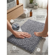 Şönil Banyo Paspası, Mikro Elyaf, Beyaz, 40x60 Cm Banyo Halısı, Uzun Tüylü, Yüksek Emicilik, Makinede Yıkanabilir Gri