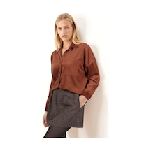 Armonika Kadın Taba Cepli Oversize İnce Fitilli Kadife Gömlek Arm-24k001076