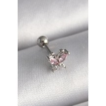 Evyora 316l Çelik Gümüş Renk Pembe Zirkon Taşlı Kelebek Tragus Piercing Gümüş