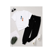 Herkesemoda Baskı Detaylı T-shirt Eşofman Takımı Beyaz