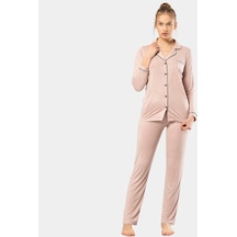 Türen Düz Uzun Kollu Gömlek Yaka Pijama Takım 3365/pudra 001