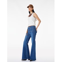 Koton Dar Kesim Cep Detaylı Düğmeli İspanyol Paça Denim Pantolon - Flare Jeans Orta İndigo 6sal40154md İndigo
