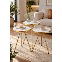 Sulorahome Gold Metal Ayaklı Beyaz 3'lü Zigon Sehpa Takımı Sehpalar Beyaz Ayakları Gold