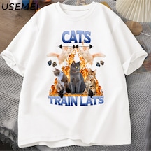 Flood Of Style Kedi Tren Lats Graphci T Shirt Komik Spor Adam Giysileri Tshirt Boy Rahat Pamuk Kısa Kollu Ti Beyaz